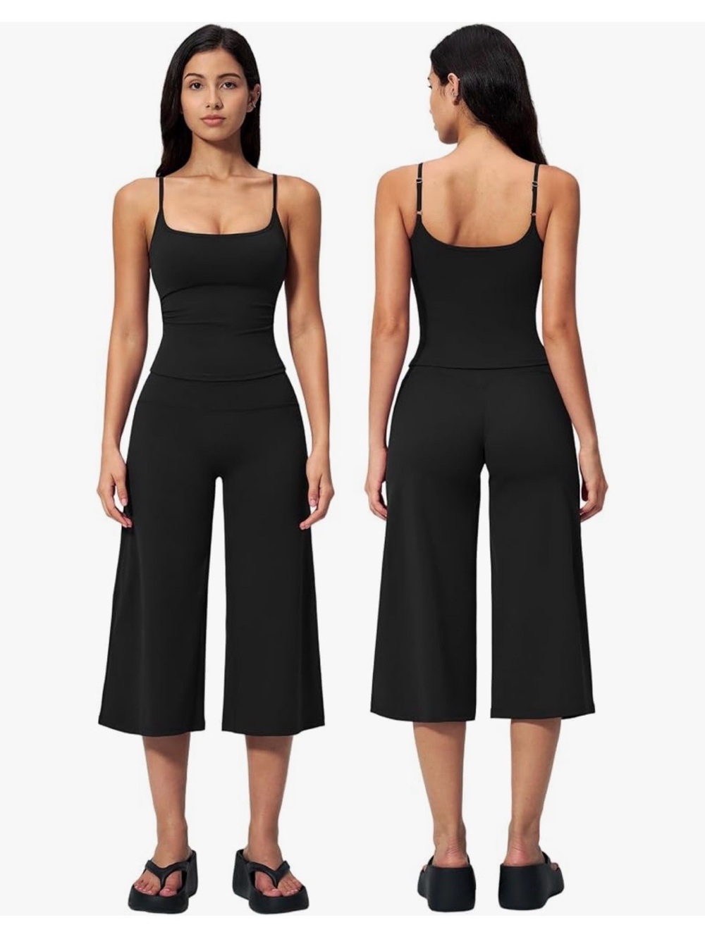 Black Wide-Leg Cropped Jumpsuit with Adjustable Straps